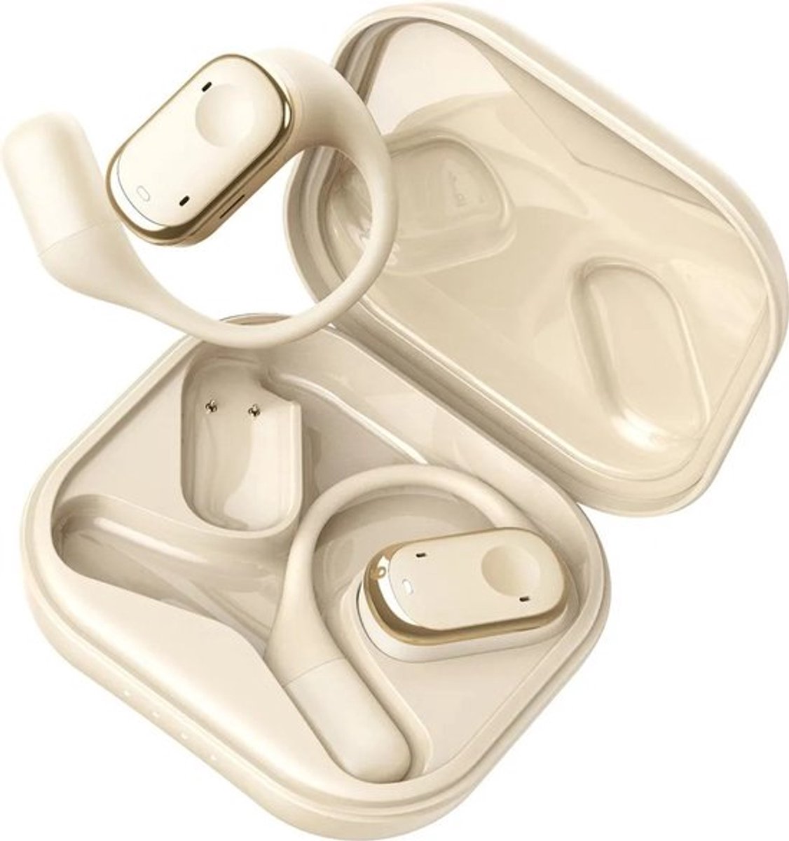 Bluetooth-oortjes met vertaalfunctie, die realtime meertalige vertaling, videogesprekken, offline/online-modus en simultaanvertaling ondersteunen; effectief bereik van 5 meter; gemaakt van ABS+PC-materiaal; beige.