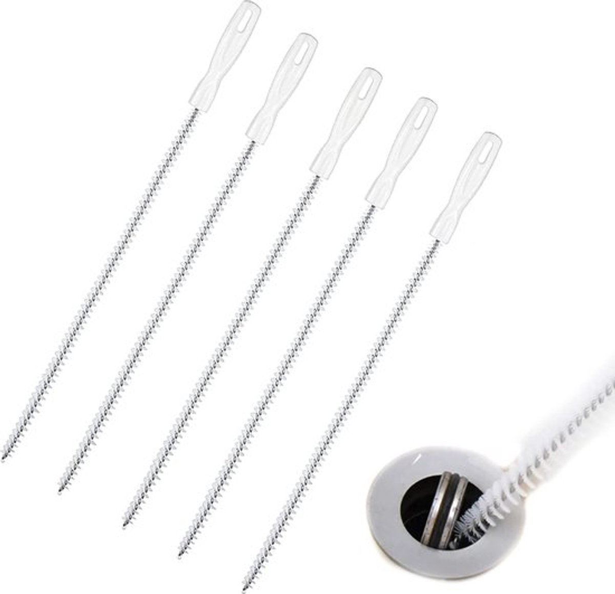 Gootsteen Ontstopper - 5 Stuks - Afvoerreiniger - Gootsteen Verstopt - Schoonmaak - Remover Tool - Reinigingsborstel - Aquarium Pijp Reinigingsborstel - Anti-Verstopping Borstel Voor Sanitair, Afvoerbuizen, Douches En Smalle Kieren - Wit - 45 Cm