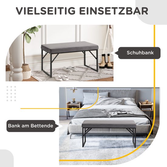 Veelzijdige grijze zitbank als schoenenbank in een gang en als bank aan het voeteneind van een bed.