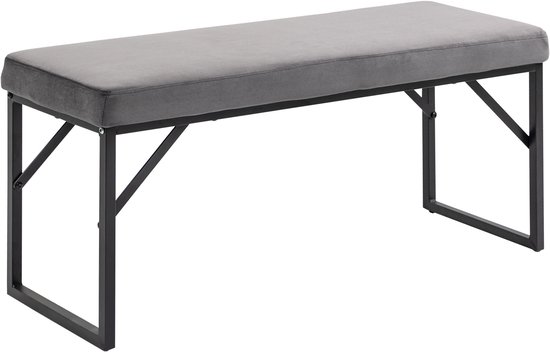 Donkergrijze stoffen zitbank met zwart metalen frame, zijaanzicht.