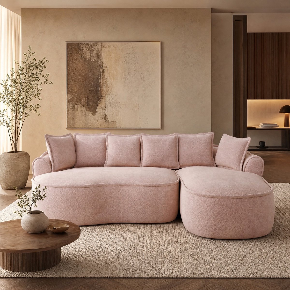 MEUNIQ L-vormige hoekbank 252 x 164 x 67 cm, 3-zits met chaiselongue, chenille bekleding, zonder montage, voor woonkamer, roze