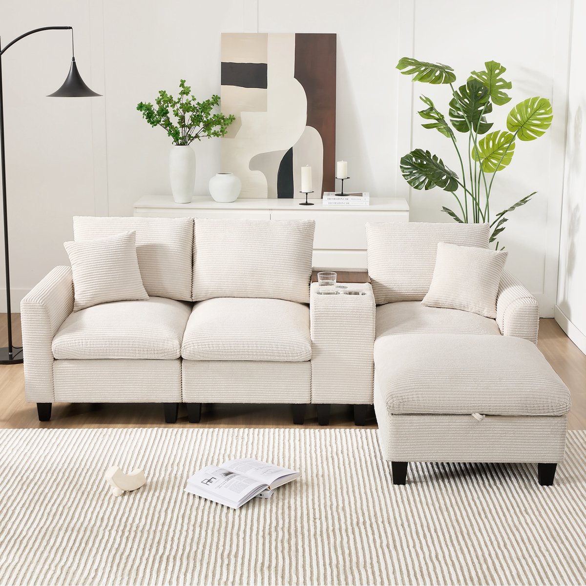 MEUNIQ hoekbank 4-zits 229 x 149,5 x 83 cm ribstof met console, bekerhouders, USB-oplaadpoorten, opbergruimte en 2 kussens beige voor woonkamer