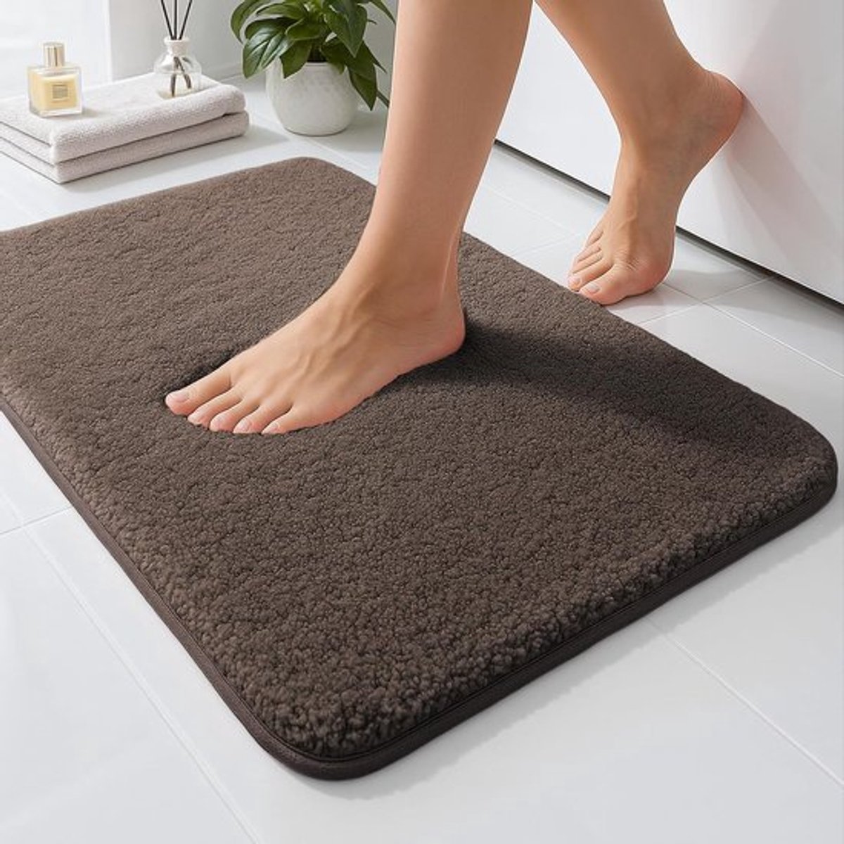 Badmat 40x60cm, 2cm Fluffy Lang Haar Antislip Super-Absorbant Machine Microvezel Wasbare Badtapijten voor Badkamer Badkuip Vloer, Bruin