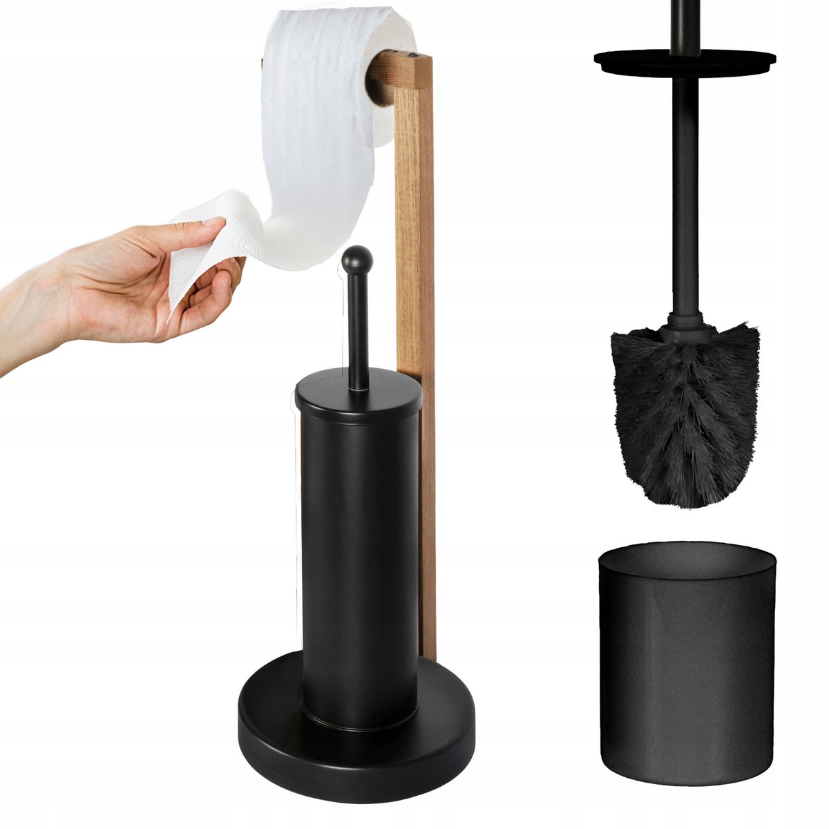 Merkloos Toiletrolhouder met Borstel - Zwart Hout & Metaal
