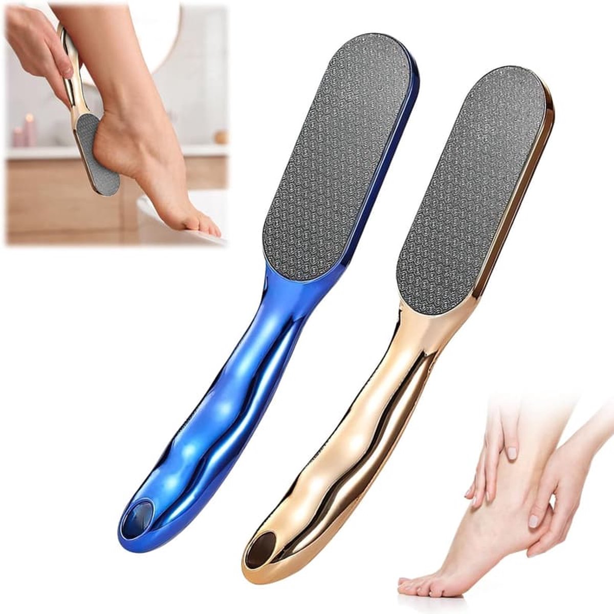 Voetvijl, grove voetvijl, professioneel voetverzorgingsapparaat, glazen nano-voetvijl met antislip ergonomische handgreep, voetmassageapparaat (goud + blauw).