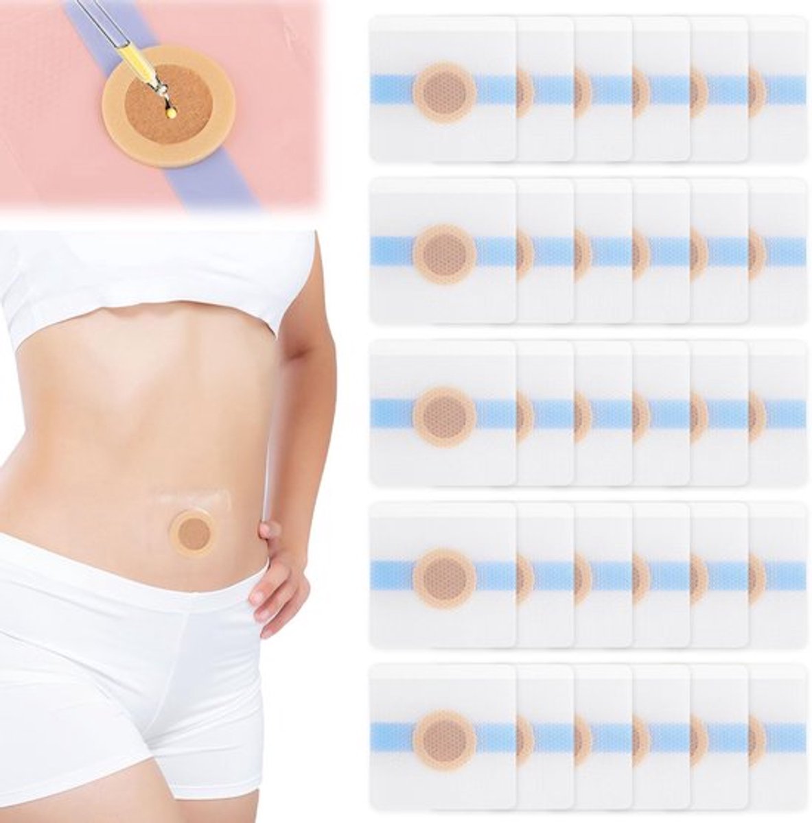 30 stuks ricinusoliepleisters voor navel, 7x7 cm zelfklevende ricinusolie-wikkelpad, sterk absorberende biologische hoes, lekvrij en huidvriendelijk
