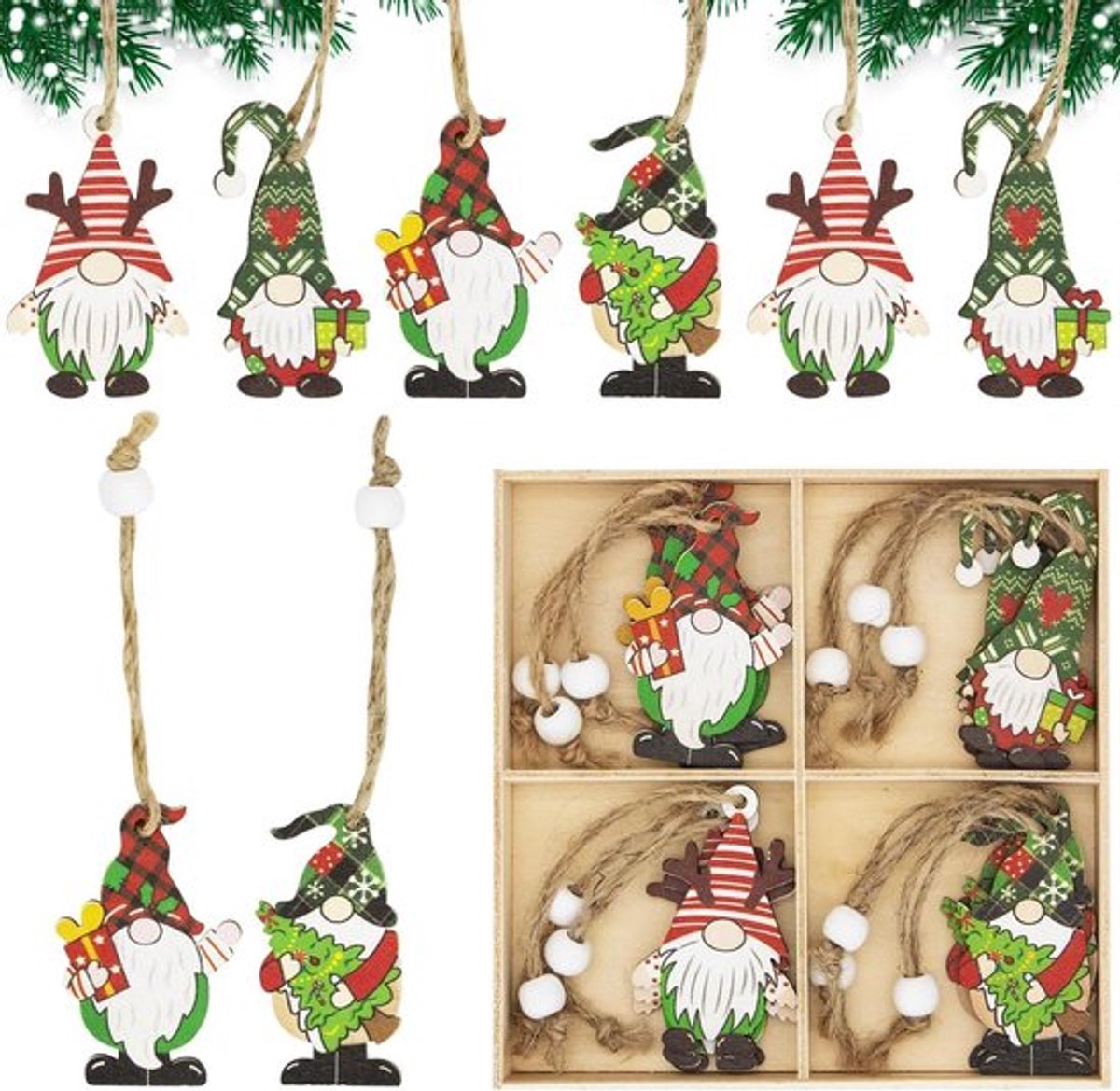 Kerst Houten Ornamenten 12 Stuks - Gekleurde Gezichtloze Pop Boom Hanger - Kerst Gnomen - Xmas Party Decoratie