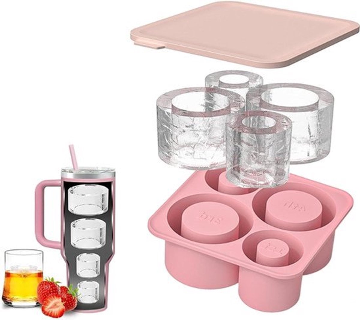Grote ijsblokjesschaal van siliconen voor tumbler cup - langzaam smeltend - 50-70 tot 100 ml - met deksel - roze .
