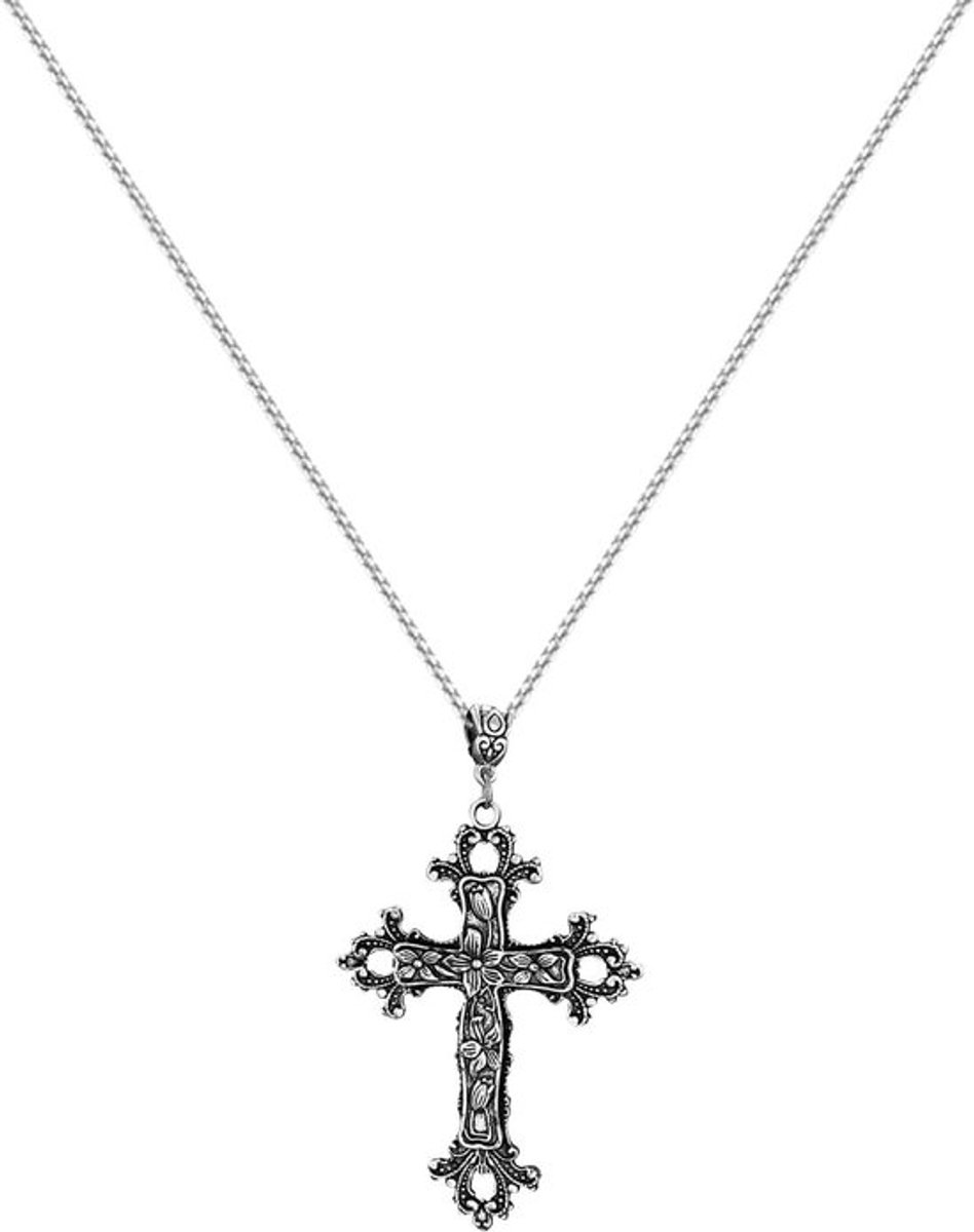 Gegraveerde Bloem Gotische Zilveren Kruis Ketting voor Mannen - Vintage Stijl - 60CM/23.6In - Inclusief Sieraden Doos