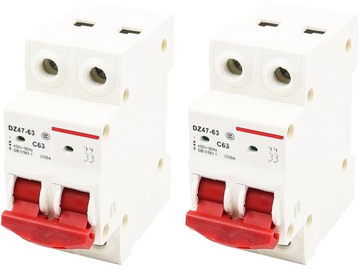 Set van 2 miniatuur snoerschakelaars van 63A en 1000V DC, geschikt als beschermingsaccessoires voor elektrische installaties met betrouwbare prestaties