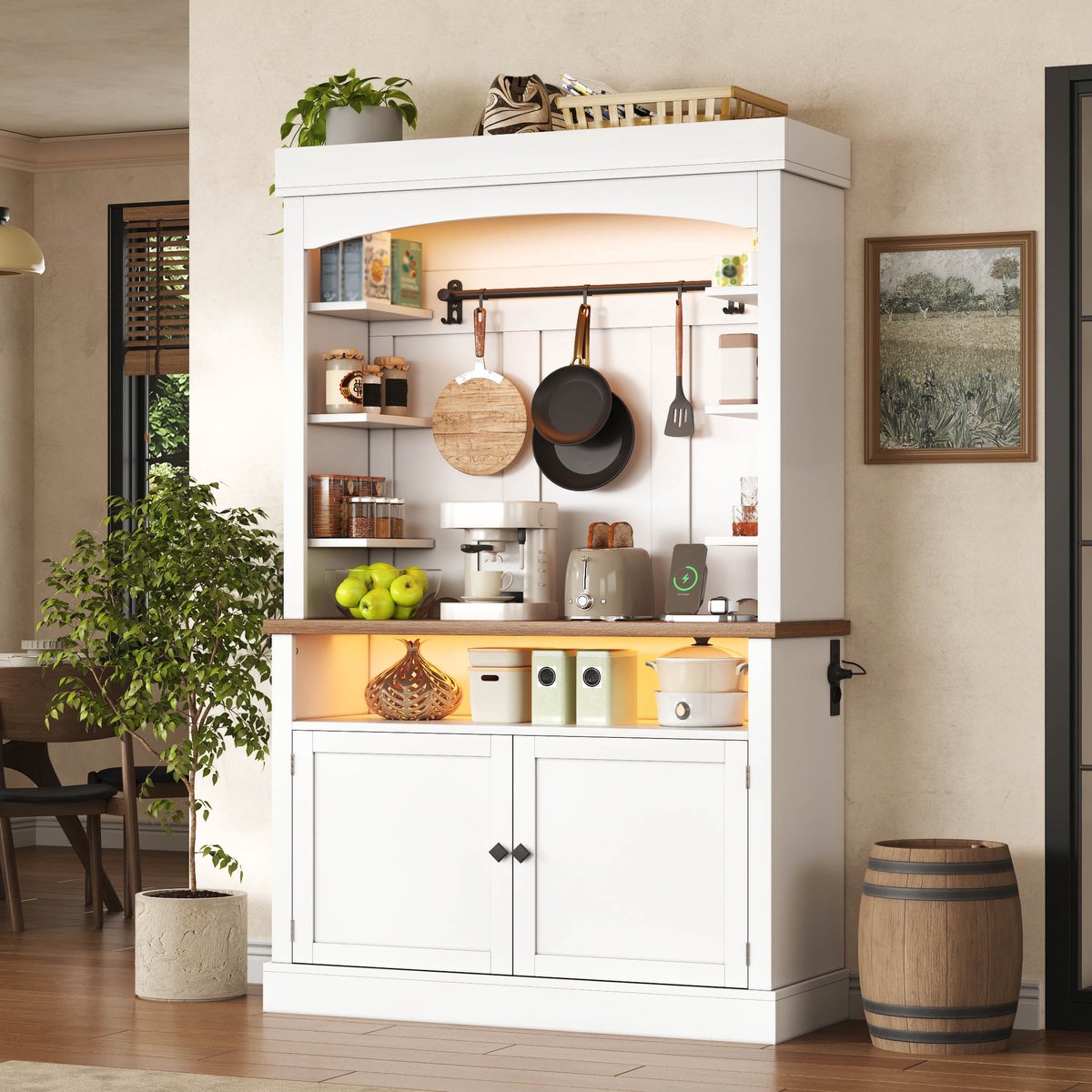 MODENUIT Keukenkast - Hoge Kast Met LED En Stopcontact - Keuken En Woonkamer - MDF - Wit - 106x43x183 Cm