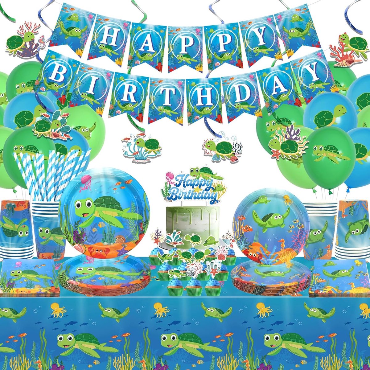 turtle verjaardagsdecoratie set - compleet met vlag, borden, bekers, servetten, ballonnen - ShopVlot