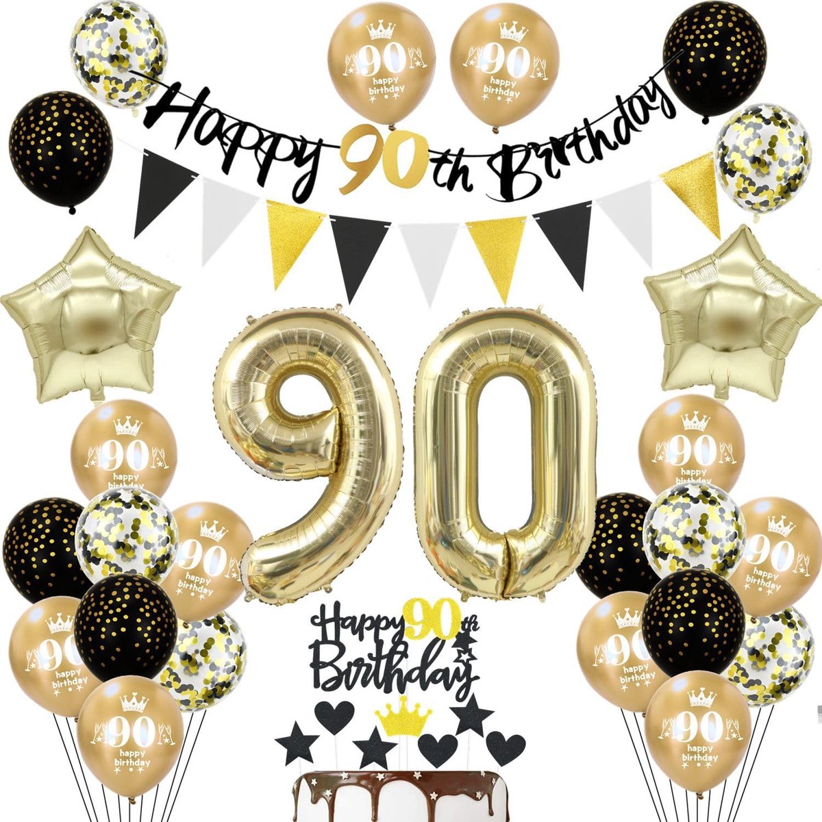 Verjaardagsversieringen 90 jaar - Zwart/Goud Set - Ballonnen en Banner - Feestelijke decoratie voor mannen en vrouwen - ShopVlot