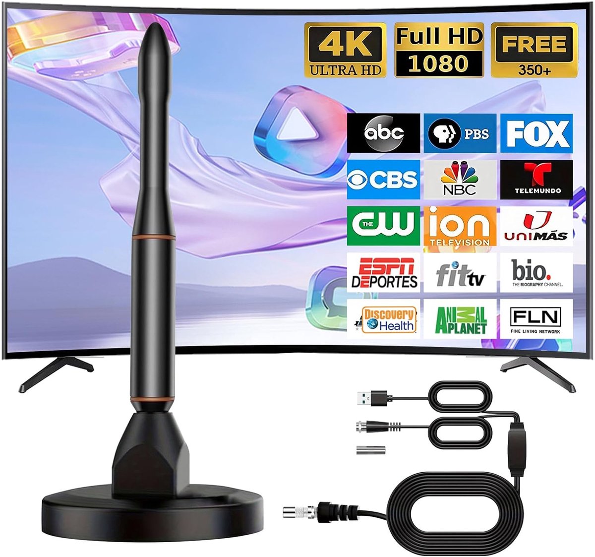 TV antenne met versterking - interne antenne - sterke magneetvoet - ontvang gratis HD-kanalen - ShopVlot