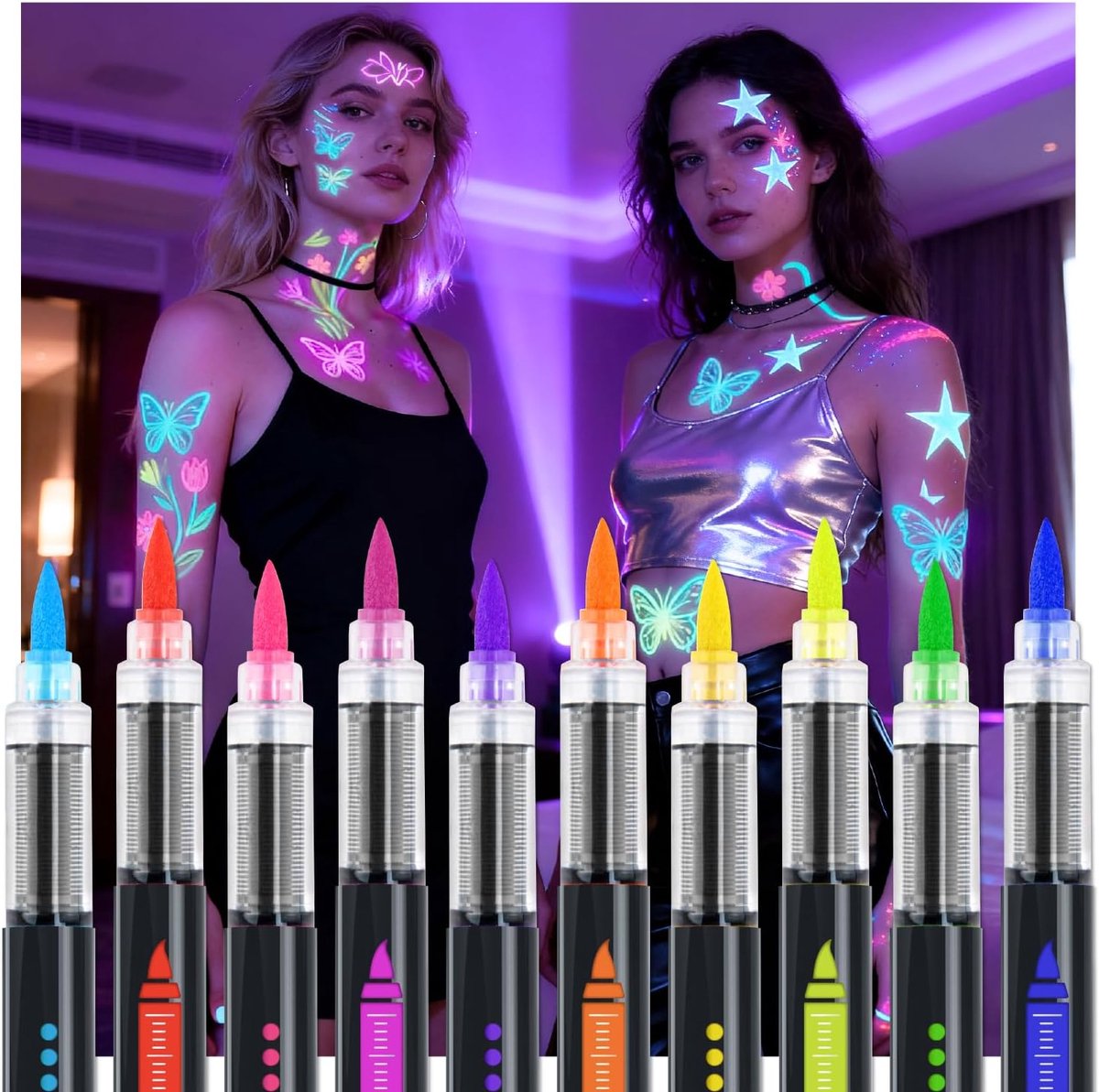 Tattoo pennen 10 neon kleuren - fluorescerend - glow in the dark - perfecte body painting voor neon feesten - ShopVlot
