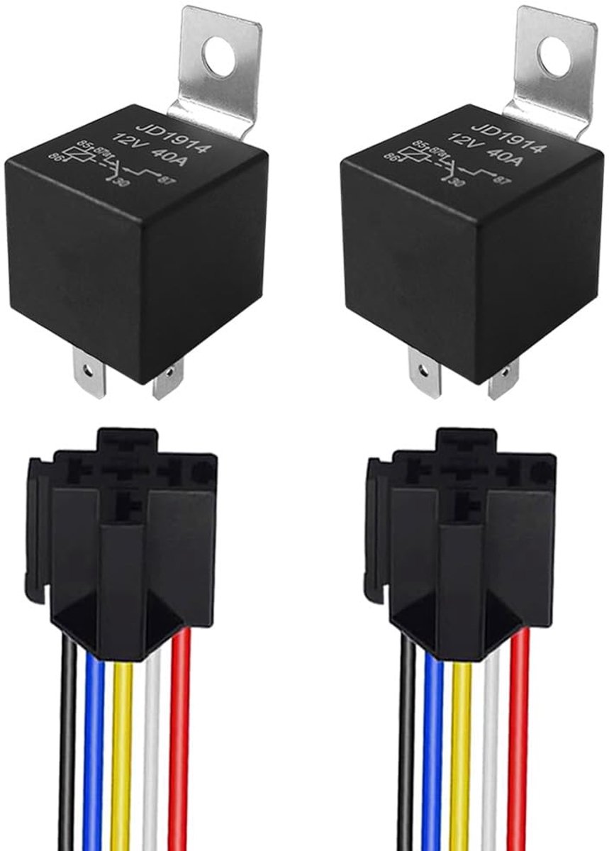 Autorelais 12V 40A SPDT - 5 Pin met aansluitkabel - kleurgecodeerd voor eenvoudige installatie - ShopVlot