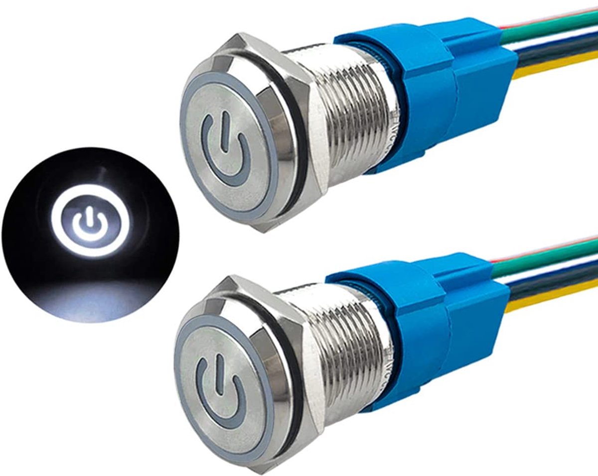Push Button Switch 16 mm - RVS, Waterproof IP67 - Zelfvergrendelend, Wit LED - Eenvoudige installatie met stekker - ShopVlot