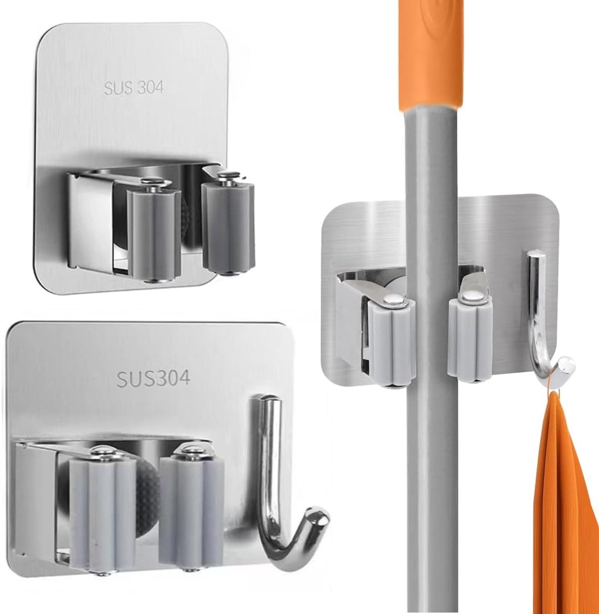 Broom holder set van 4 - Rvs zonder boren - Met en zonder haken - Ruimtebesparend voor keuken en badkamer - ShopVlot