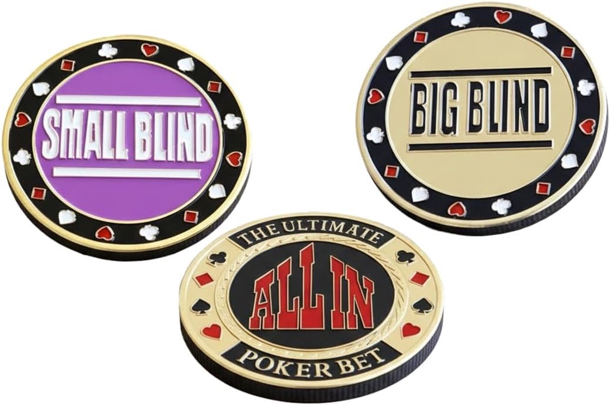 Poker buttons set van 3 - metalen munten - all-in, small blind, big blind - voor spannende spelavonden - ShopVlot