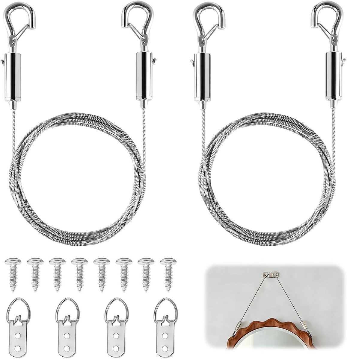 Verstelbaar Hangdraad voor Schilderijen - 2m RVS Kabel - Met Verstelbare Dubbele Haak - Ideaal voor Binnendecoratie - ShopVlot