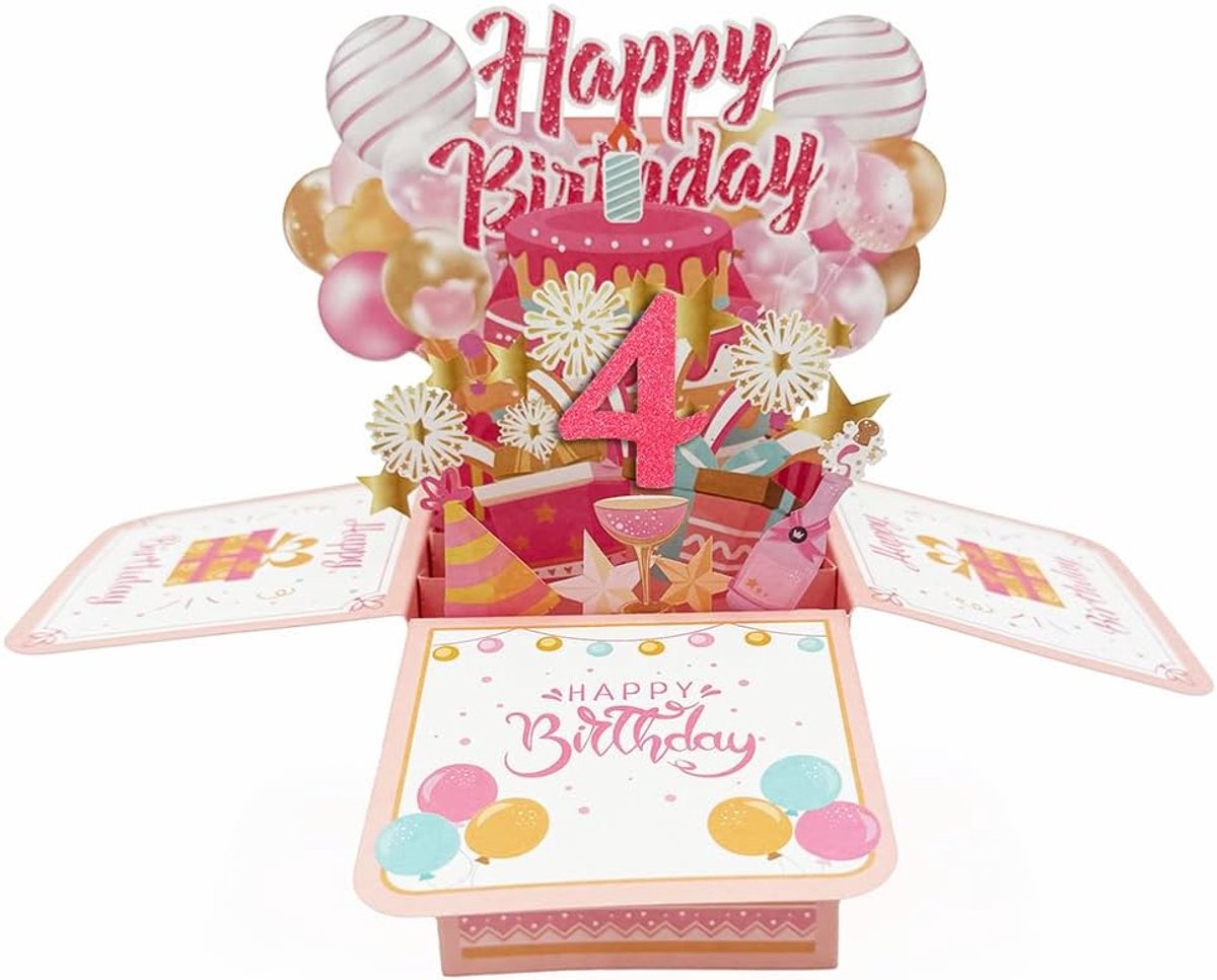 Pop-upkaart 4e verjaardag - 3D wenskaart - vrolijke ballonnen en cadeaus - perfect cadeau voor dochter of nichtje - ShopVlot