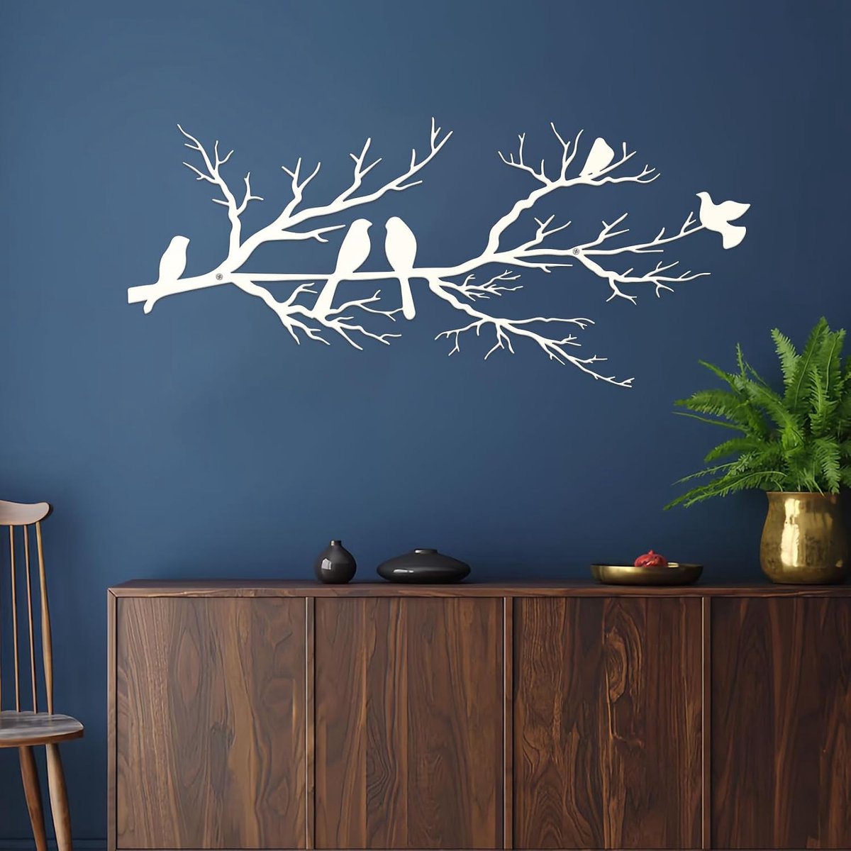 Wanddecoratie metalen vogels - kleine witte tak met gouden bladeren - moderne kunst voor woonkamer of tuin - ShopVlot