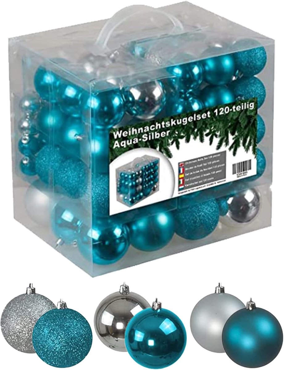 Kerstballen set 120 stuks - aqua/zilver - glanzend, mat en sprankelend - perfect voor kerstdecoratie - ShopVlot