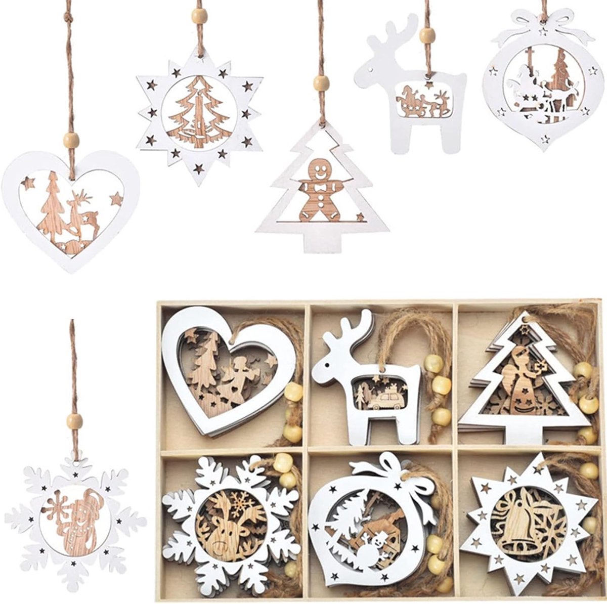 Kerstboomversiering 24 Stuks - Houten Ornamenten - DIY Decoratie - Perfect voor Feestdagen - ShopVlot