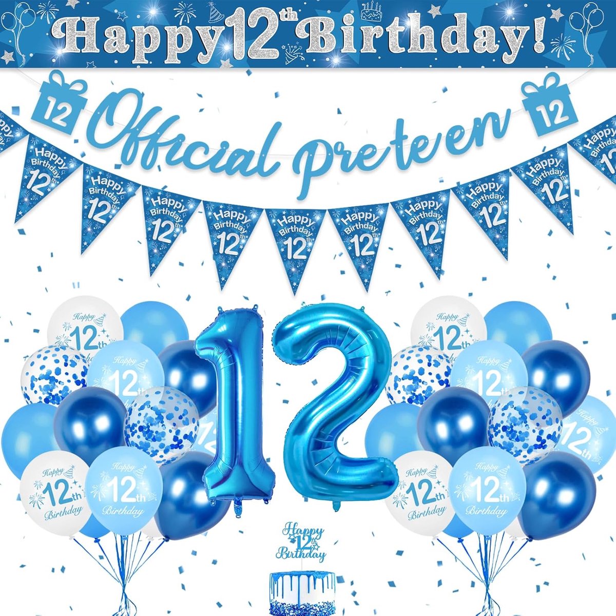 Verjaardagsdecoratie 12e verjaardag - blauwe ballonnen en banner - feestelijke versiering - ShopVlot