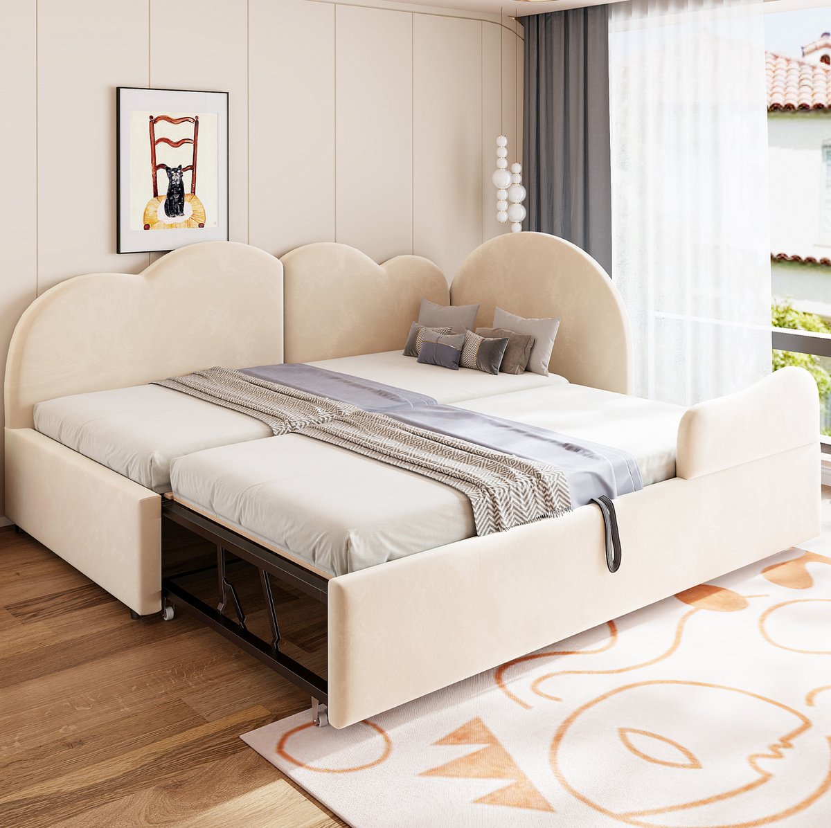 OKWISH Slaapbank 90x200 cm - Uitschuifbaar L-Vormig Bed Met Wolkvormig Hoofdbord - Met Bedlade - Voor Gastenkamer Of Kinderkamer - Stof - Beige - Zonder Matras