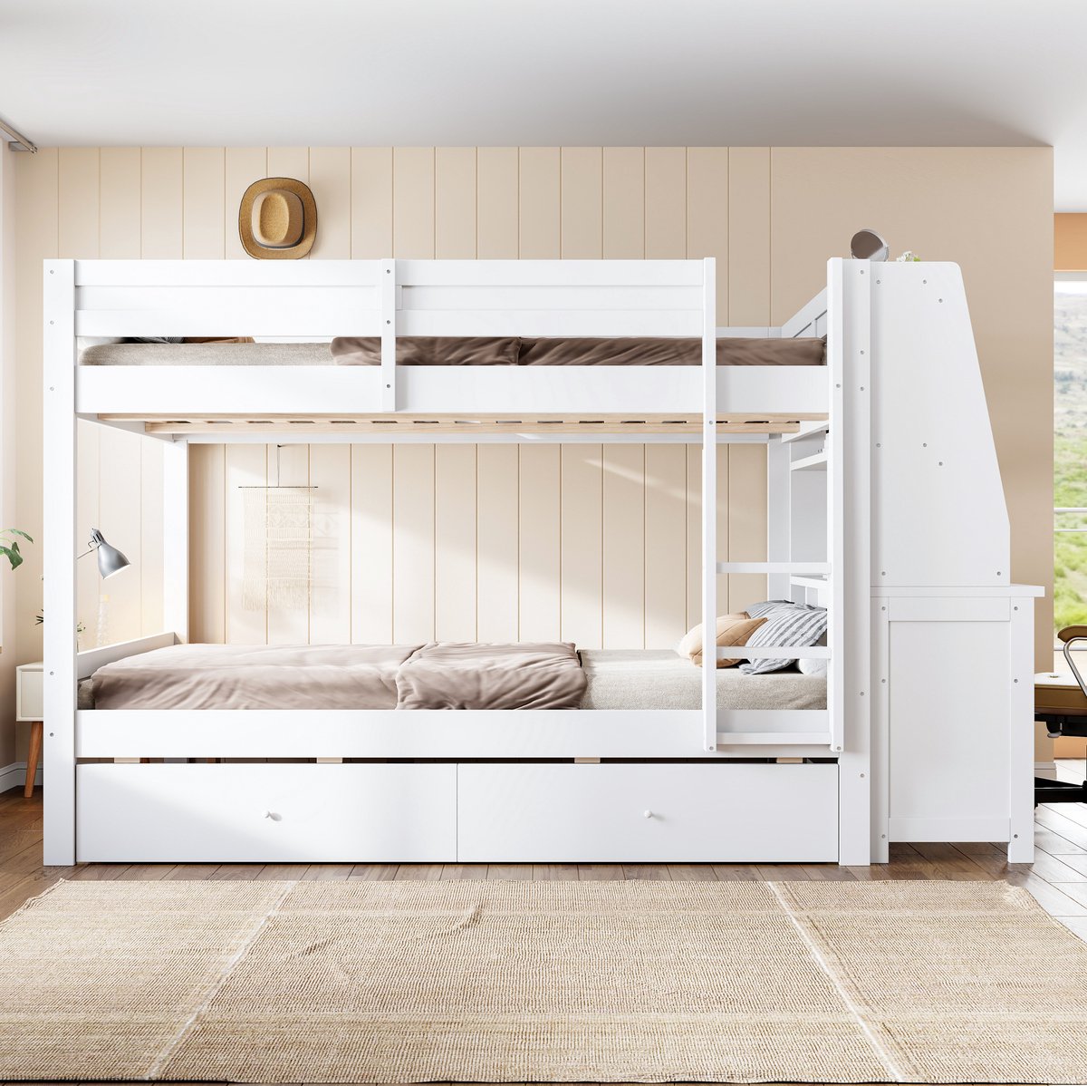 OKWISH Stapelbed 140x200 cm - Met Bureau En Verplaatsbare Opbergkast - Met Lades En Ladder - Voor Kinderen - Hout - Wit - Zonder Matras
