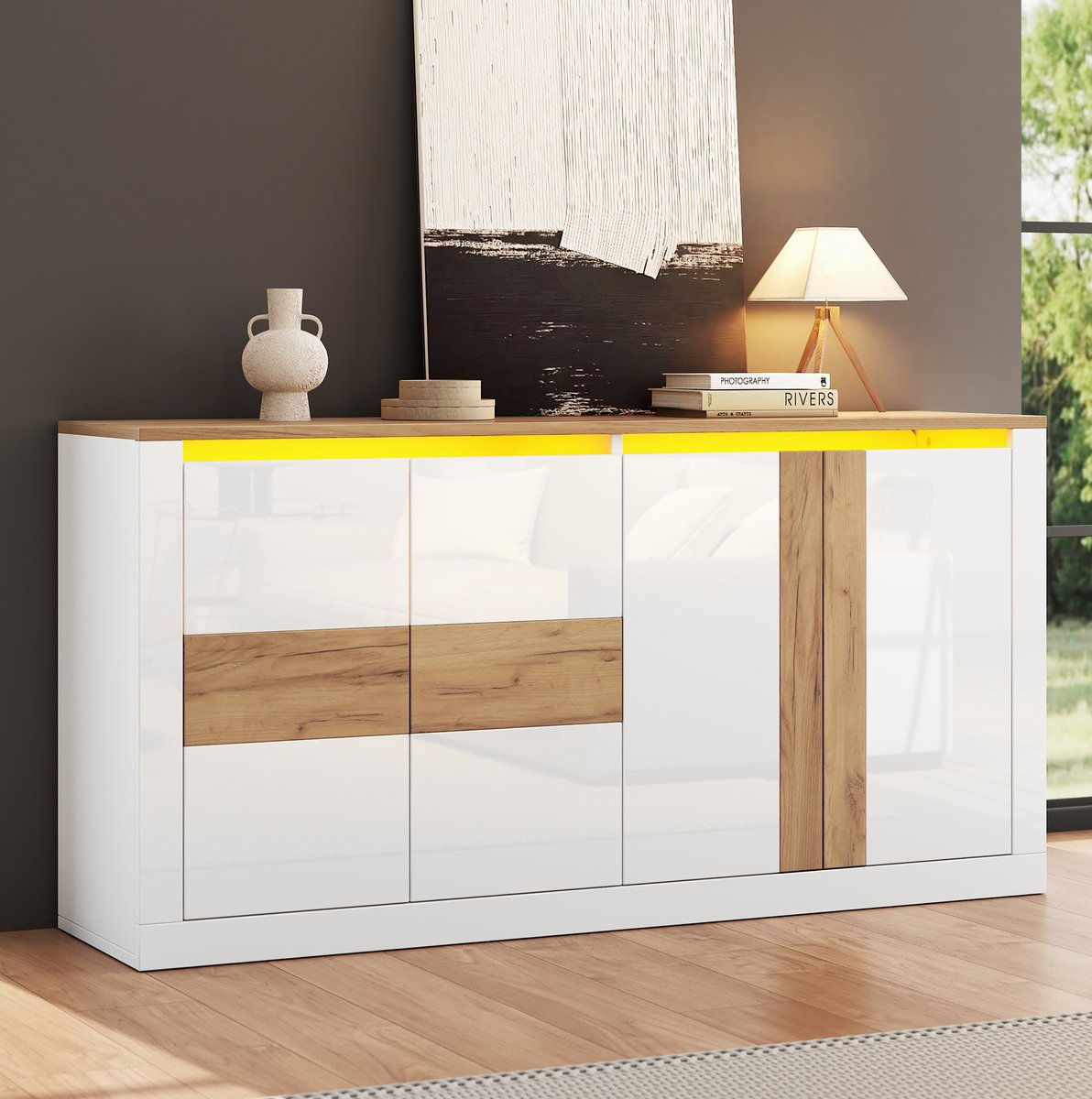 OKWISH Dressoir - 140 x 35 x 70 cm - 4 Deuren - Met RGB Ledverlichting - Verstelbare Planken Voor Woonkamer Eetkamer Hal - MDF Wit Naturel