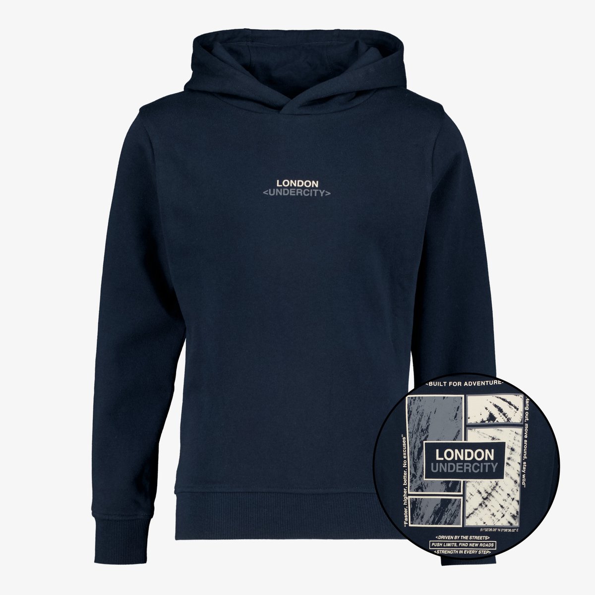 Unsigned jongens hoodie met backprint blauw - Maat 134/140
