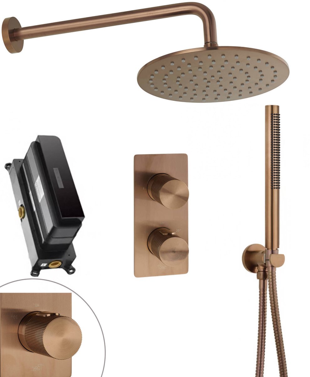 Ben Engraved Line Slim inbouw regendoucheset Ø25cm met muuraansluiting geborsteld koper pvd-coating