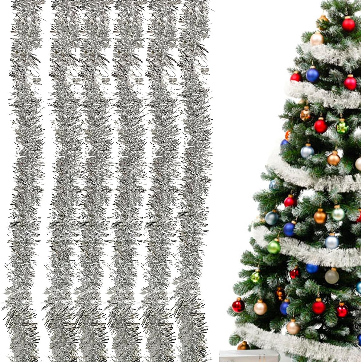 Lametta Garlands 6 Stuks - Zilver - Glanzend Kerstdecoratie - Voor een Sprankelende Boom - ShopVlot