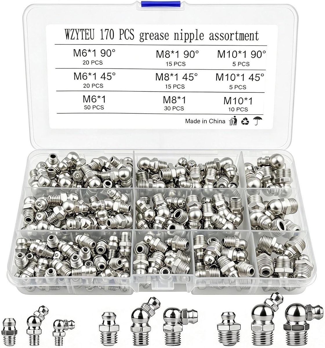 Grease nipple set 170 stuks - M6 M8 M10 - recht en schuin - duurzame nikkelgeplateerde ijzer - ShopVlot