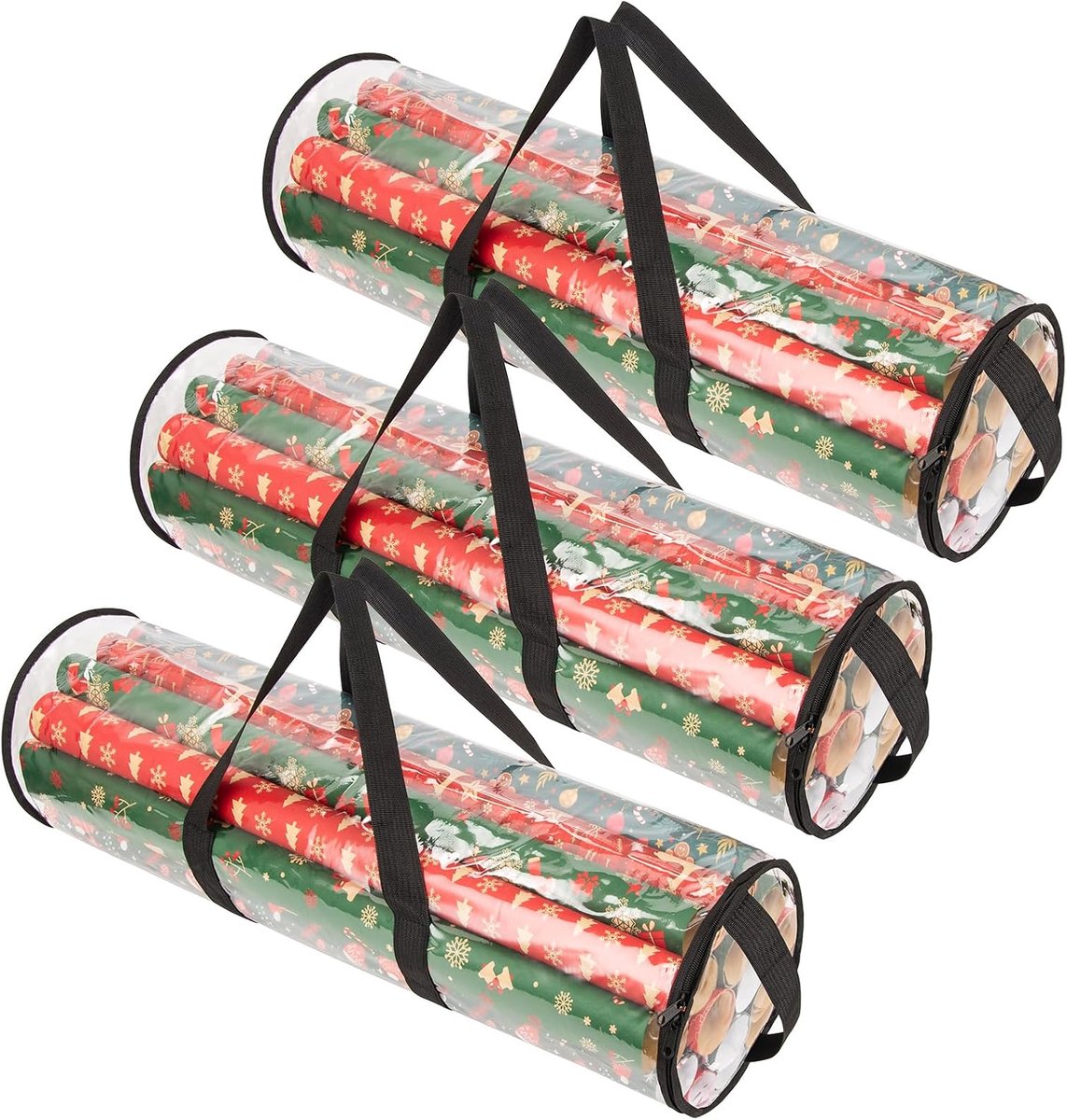 Kerst inpakpapier opbergtas 3-pack - doorzichtige PVC cilinders - organiseer kerstcadeaus en versieringen - ShopVlot