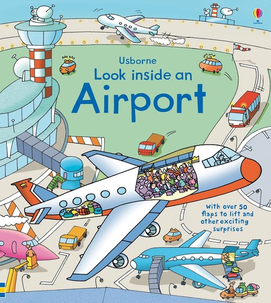 Boek "Look inside an Airport" met illustraties van vliegtuigen, een luchthaventoren, auto's en bussen. Tekst: "Usborne Look inside an Airport with over 50 flaps to lift and other exciting surprises".