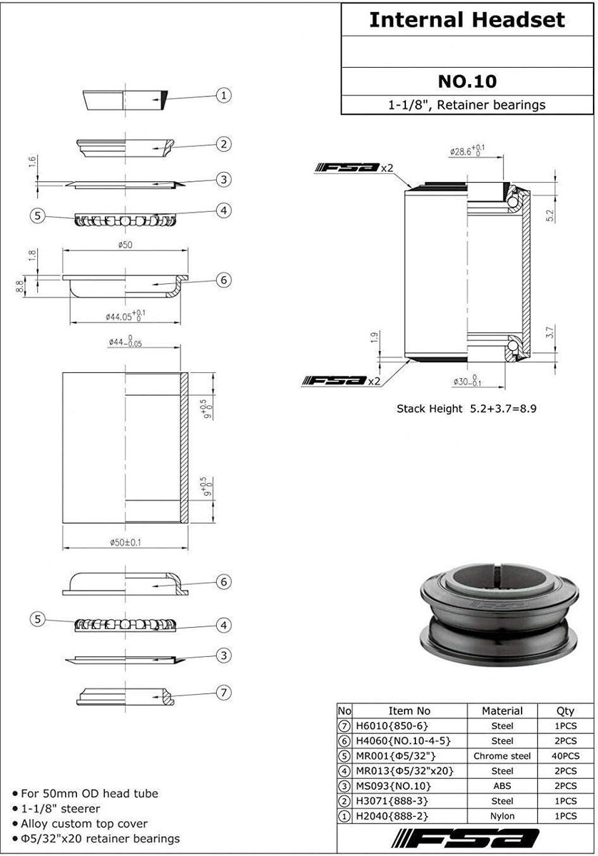 Fiets headset 1 1/8 inch - 44mm zwart - interne ZS stijl - voor optimale stuurprecisie - ShopVlot