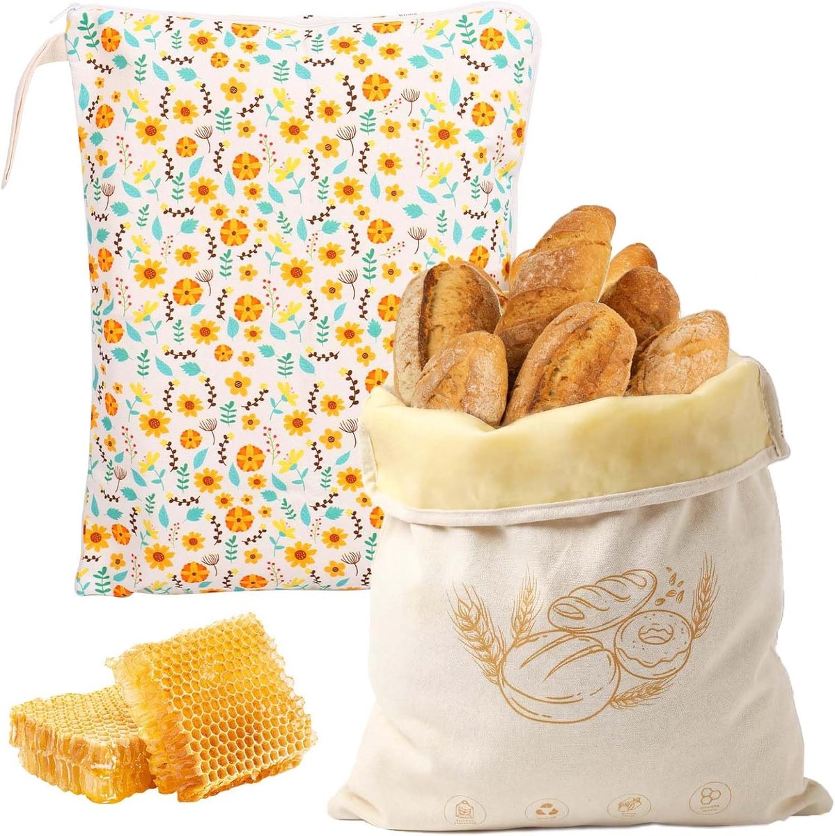 Bijenwas broodzakken 43 cm x 33 cm - katoen - set van 2 - houdt brood vers - ShopVlot