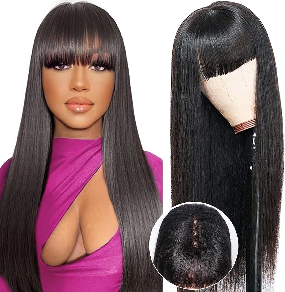 Rechtdoor Menselijk Haar Perook met Pony - 28 Inch, 180% Dichtheid - Glueless Lace Front Perook - Eenvoudig te dragen - ShopVlot