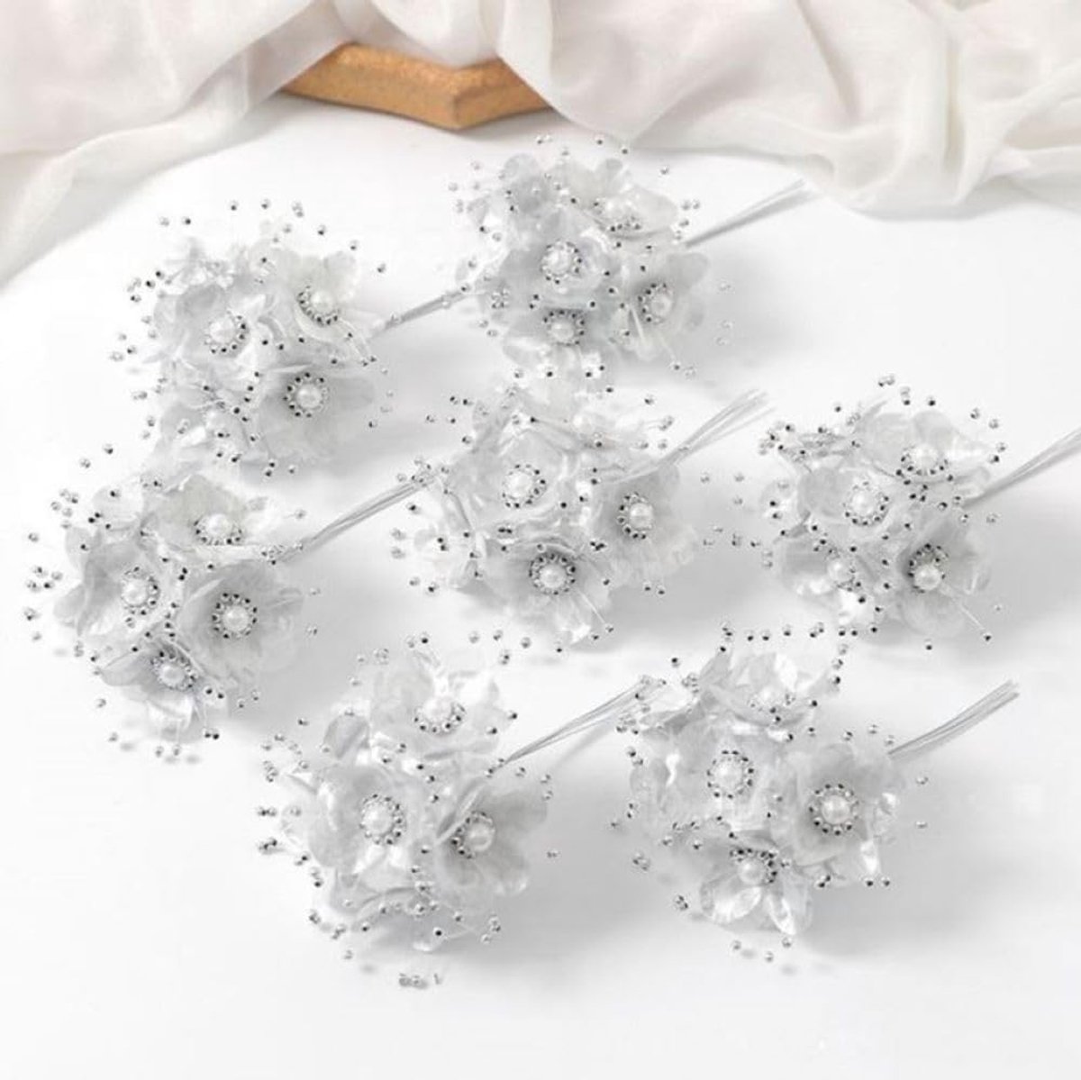 Kunstmatige bloemenplectrums 36 stuks - metalen parel zilver - elegant hoofdband boeket decoratie - ShopVlot