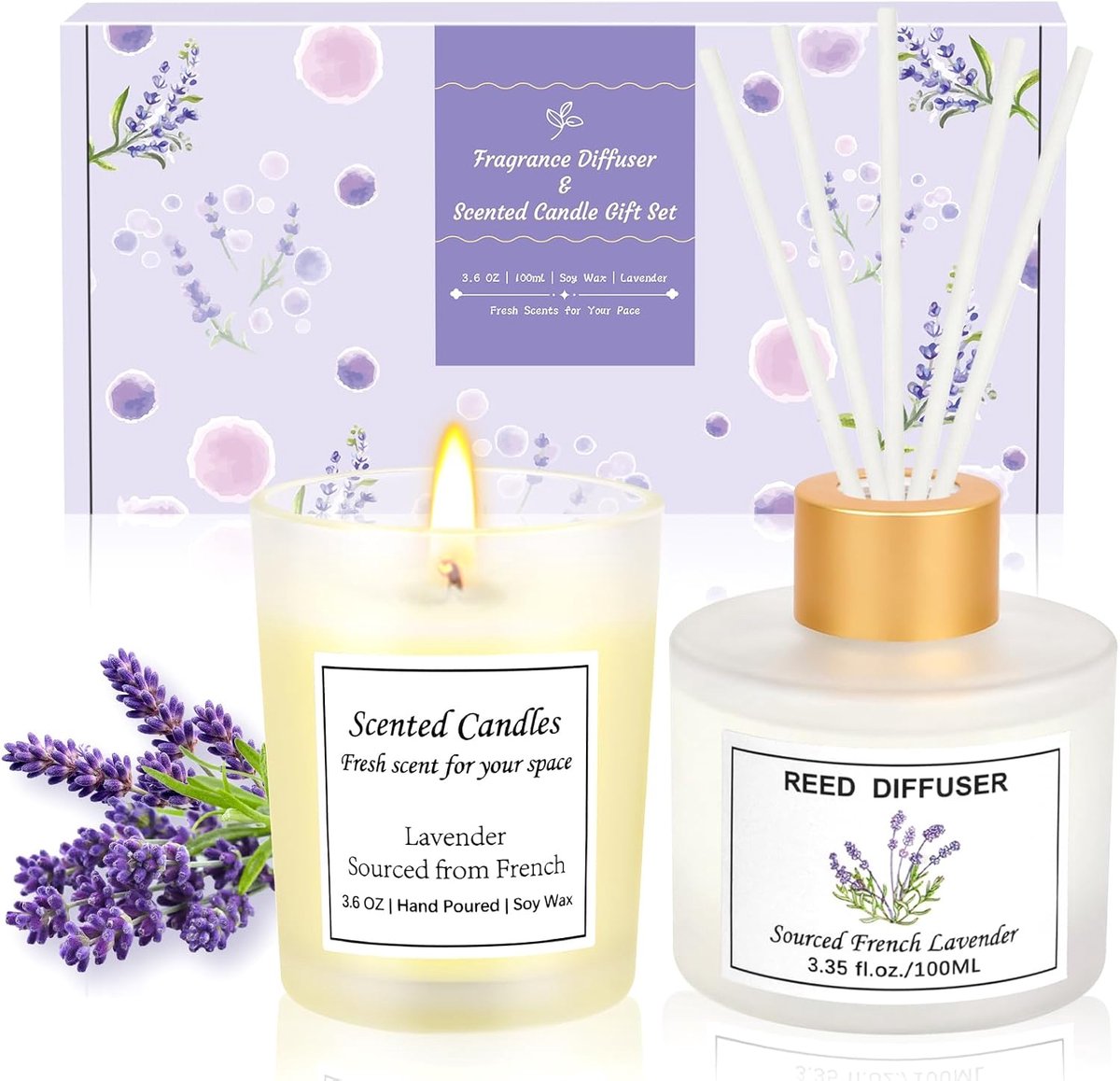 Lavendelgeurkaarsen cadeauset - 102 g geurkaars en 100 ml diffuser - natuurlijke lavendelolie - rustgevende sfeer - ShopVlot