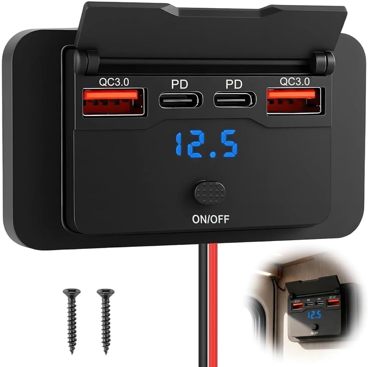 4-poorts 12V USB-autoaansluiting 96W - dubbele USB-C en Type-C PD3.0 - gelijktijdig opladen - ShopVlot