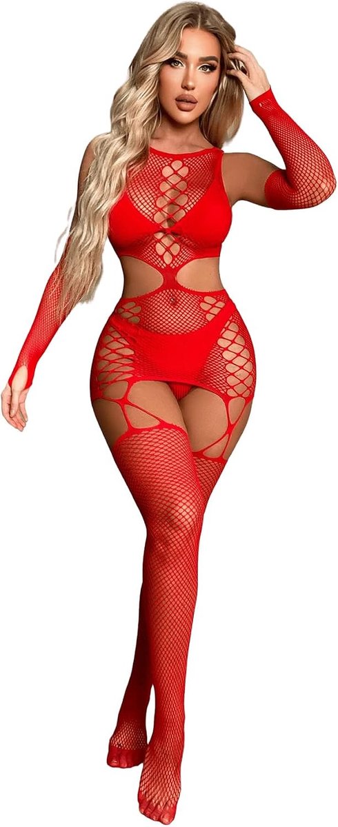 Bodystocking voor vrouwen - rode mesh catsuit - openwork design - sensuele slaapoutfit - SnelShoppen