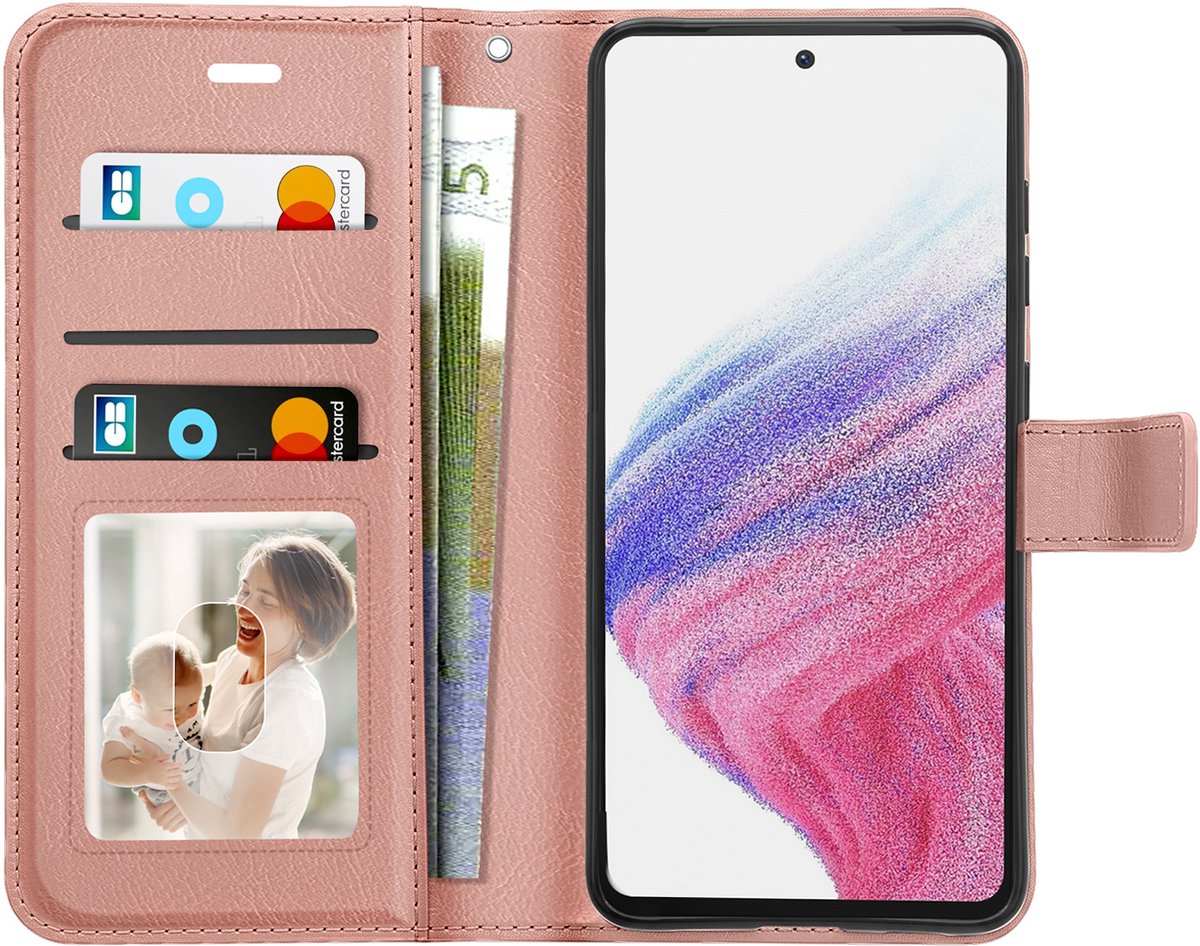 Mayaxess, Wallet Hoesje Geschikt voor Samsung Galaxy A53 5G met Polsbandje en Standaard, Roségoud