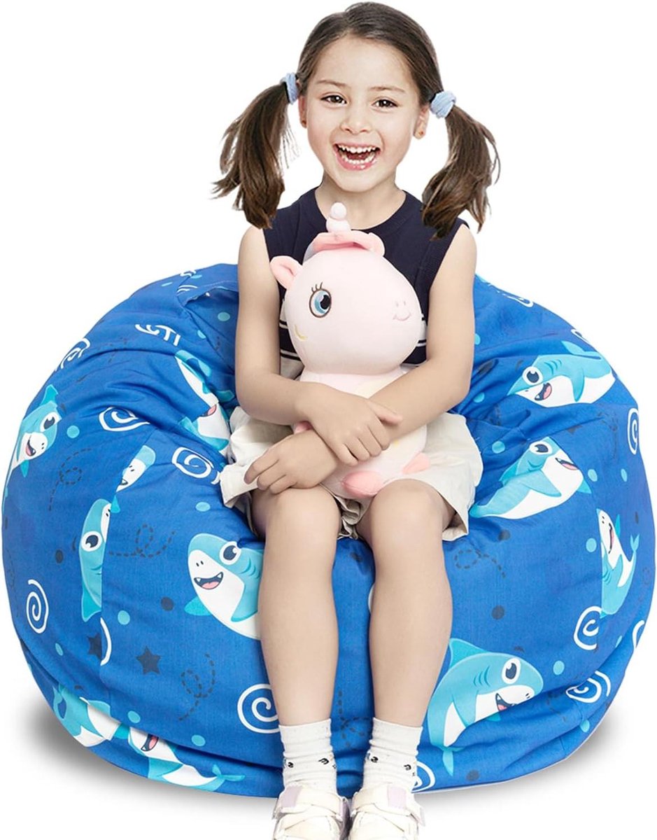 Zitzakhoes Rond - Opbergzak Knuffels - Speelgoed Opbergen - Dubbele Steeknaden - Large 400L - Haai