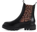 Zwarte leren Chelsea boot met luipaardprint elastische inzetstukken en dikke profielzool.