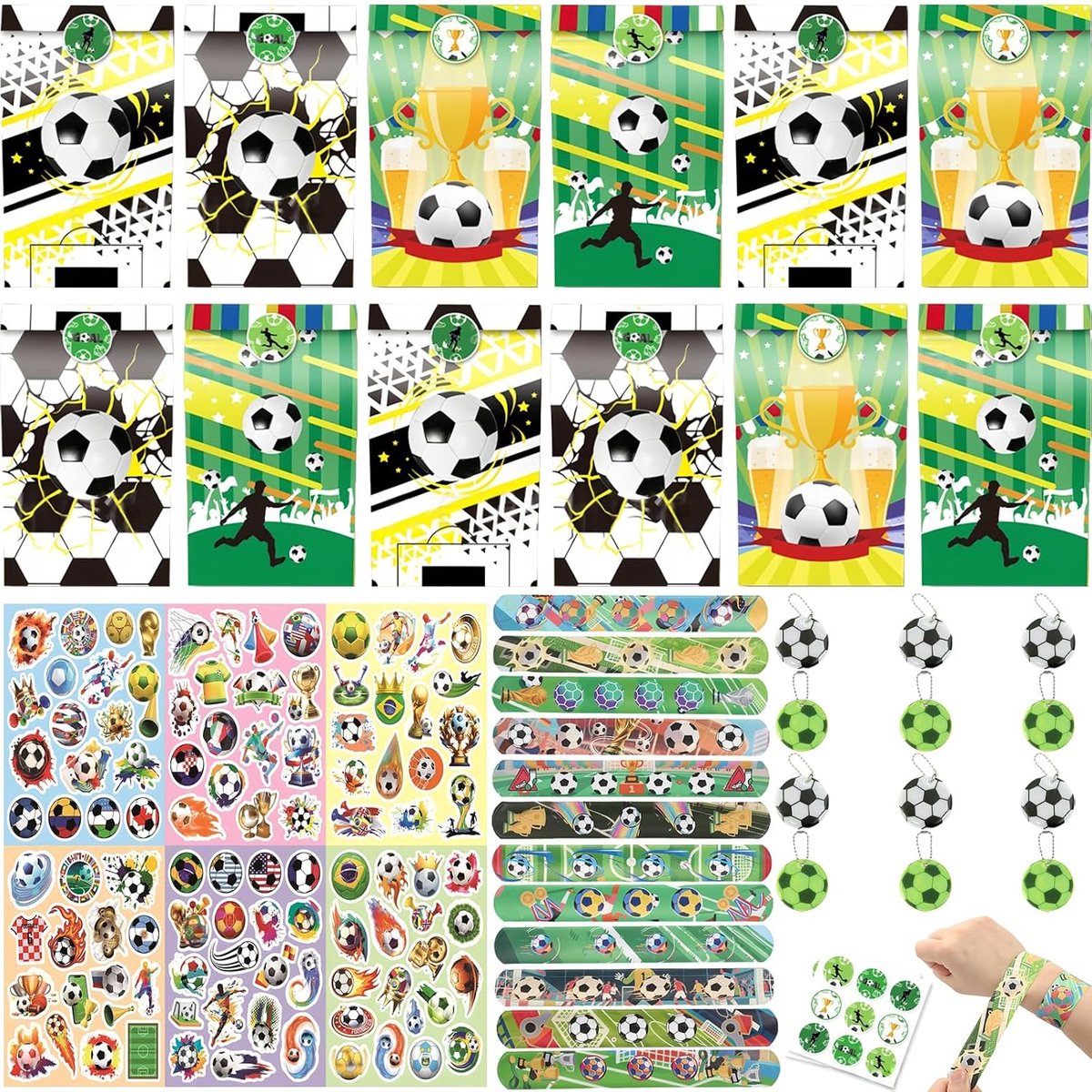 Voetbalpartyset 160-delig - papieren zakken, armbanden, sleutelhangers - feestaccessoires voor voetbalfans - ShopVlot