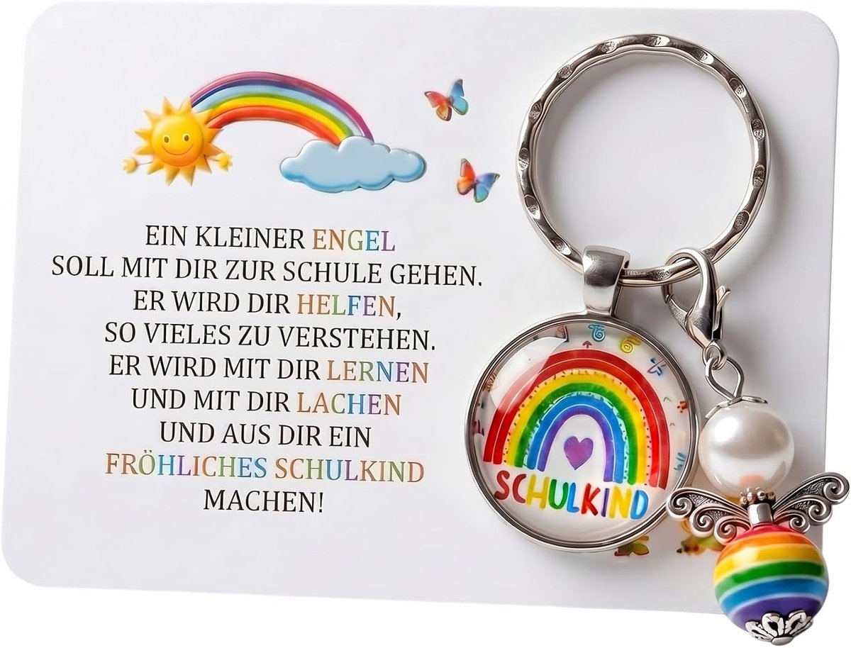 Wenskaart voor de eerste schooldag - Beschermengel met sleutelhanger - Inclusief regenbooghanger - ShopVlot